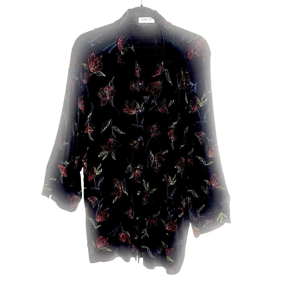 Vintage Vikki Vi Woman Tunic Top 3X Black Slinky Knit Floral Button Up USA Made